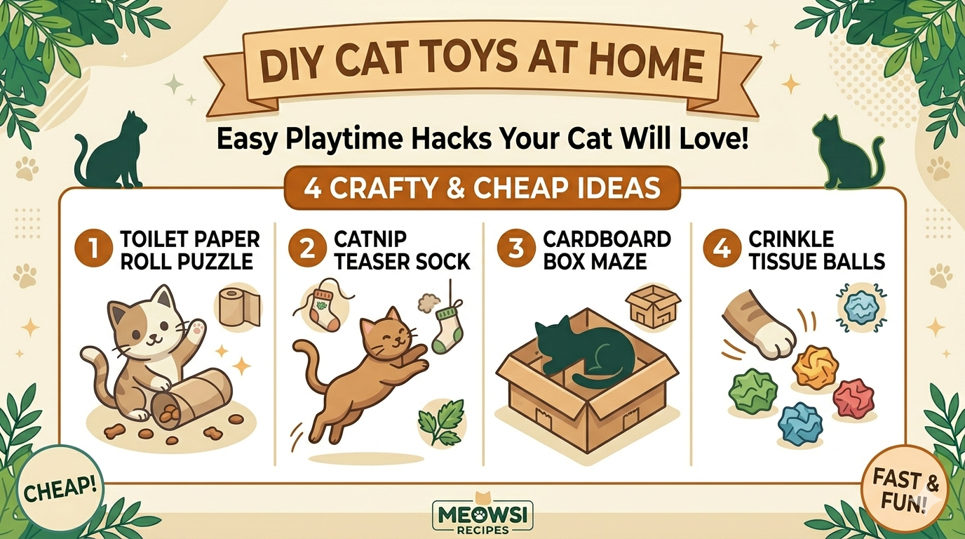 Happy cat playing with homemade DIY toys made from cardboard and household items