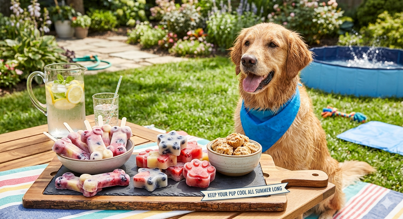 Happy dog licking frozen peanut butter treat on hot summer day
