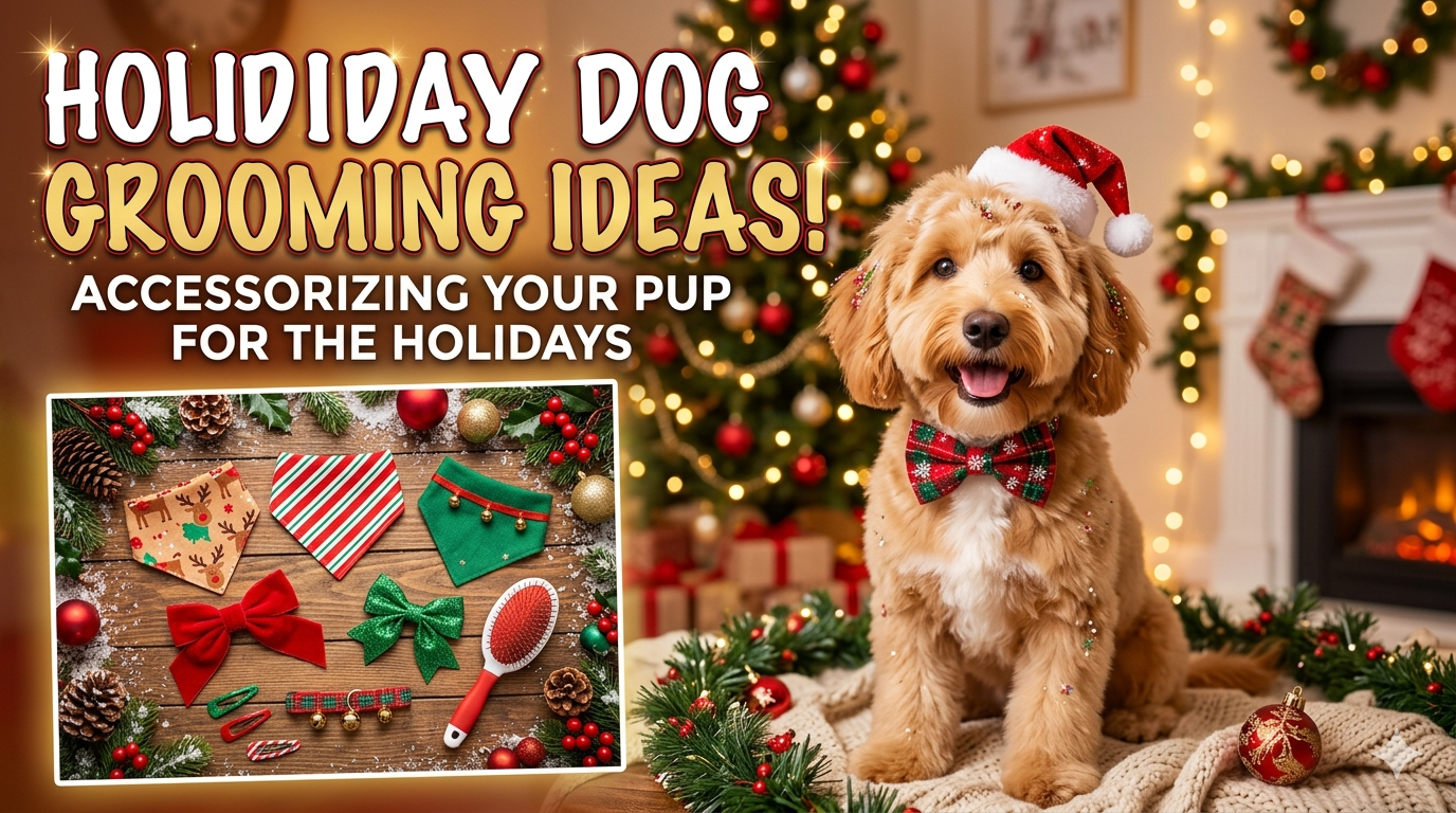 Happy dog wearing festive bandana and bow tie posing for holiday photos