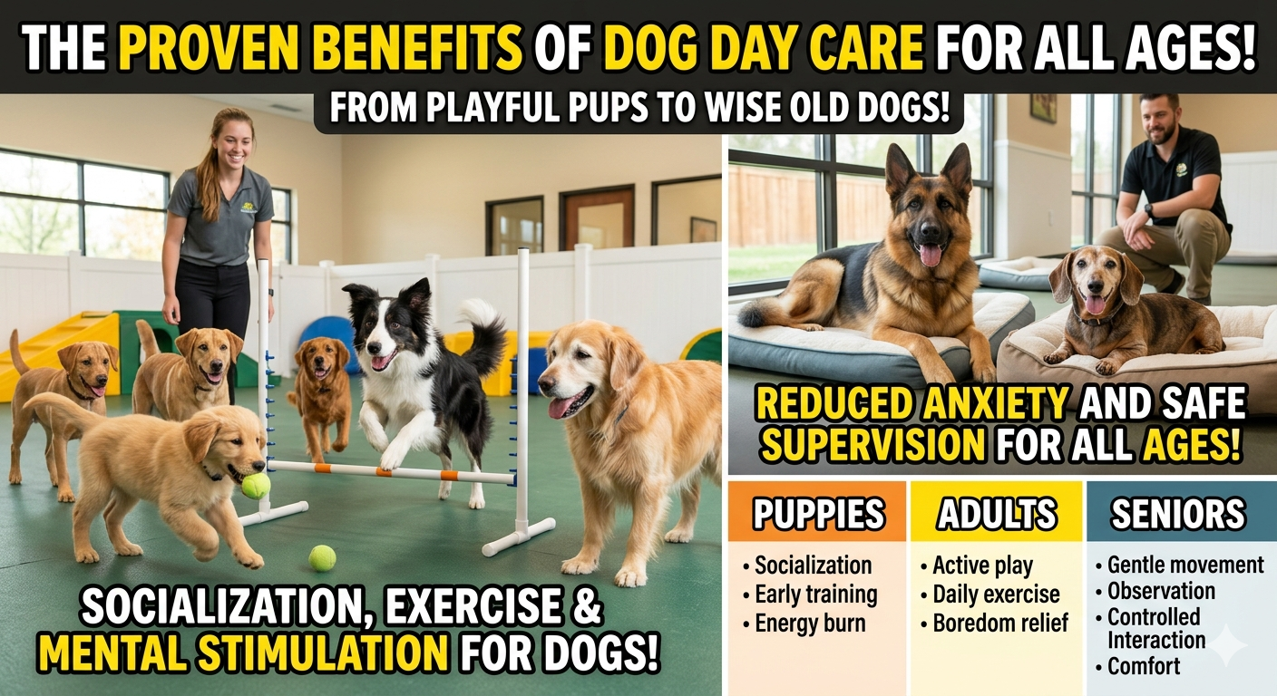 Happy dogs of different ages playing together at dog day care