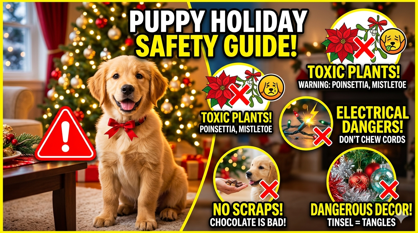 Curious puppy sniffing holiday decorations safely supervised