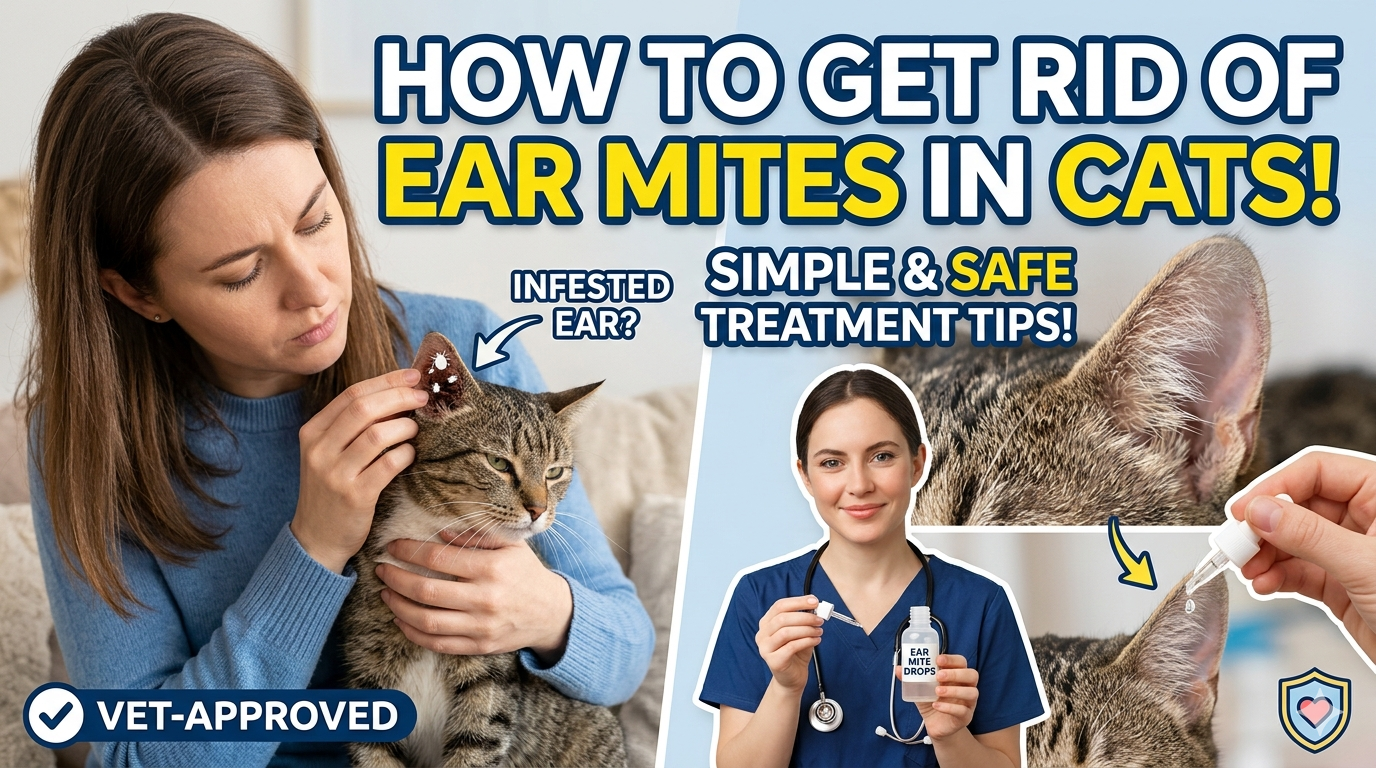 Cat with ear mites being gently treated at home by pet parent