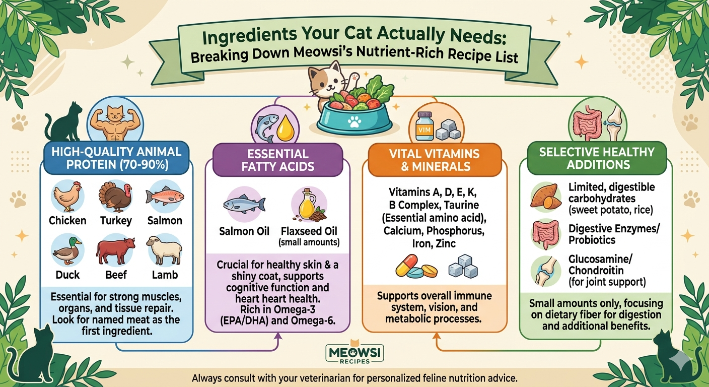 Fresh ingredients for premium cat food next to a happy cat eating wet food
