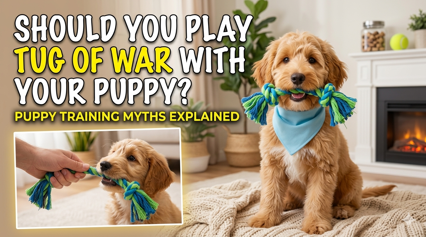Happy puppy playing safe tug of war with owner using a rope toy