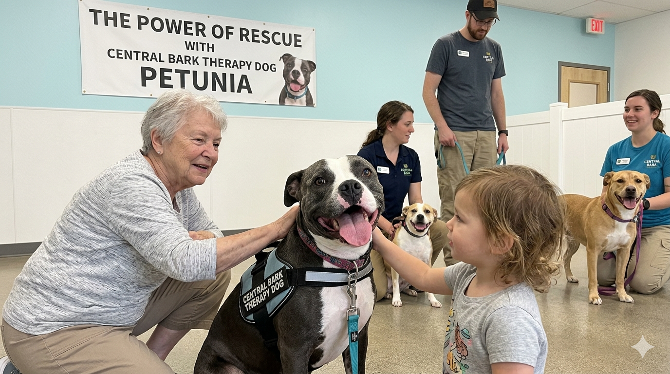 Therapy dog Petunia from Central Bark bringing joy during a visit