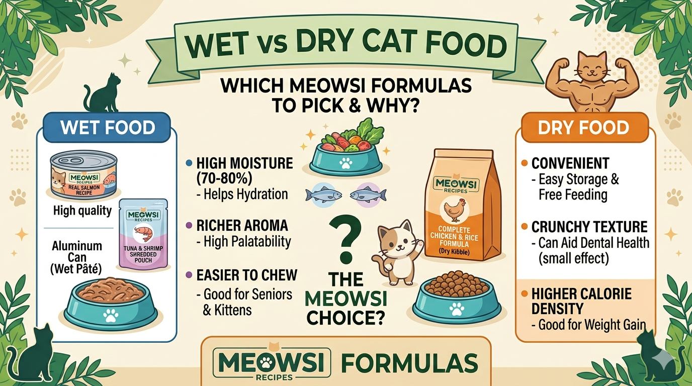 Side-by-side comparison of Meowsi wet and dry cat food bowls with a happy cat