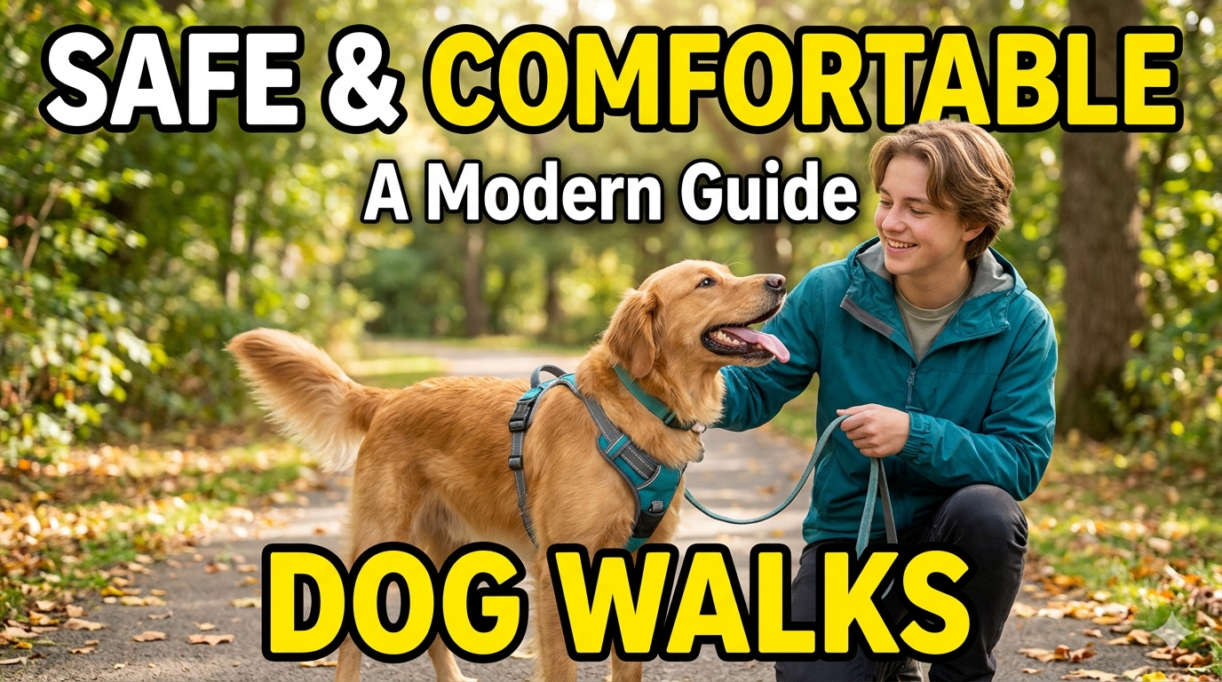 Happy dog on a comfortable harness walk in a sunny park with owner