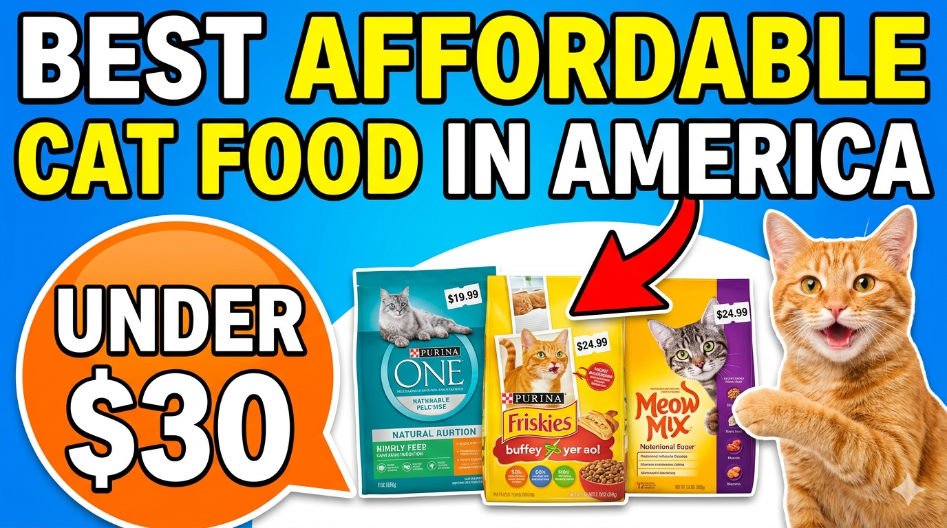 Affordable cat food bags under $30 lined up with happy cats eating from bowls