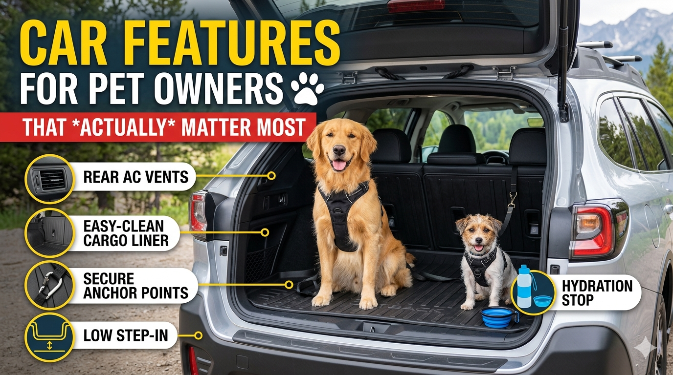 Happy dog safely secured in a modern car with pet-friendly features and comfortable travel setup