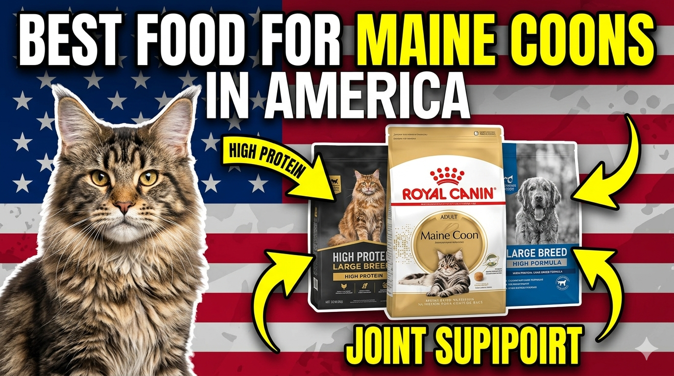Large Maine Coon cat eating premium high-protein cat food from a bowl with shiny coat