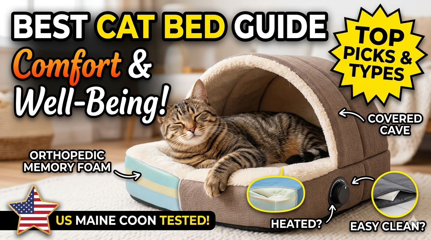 Cozy orthopedic cat bed with a relaxed Maine Coon cat sleeping deeply