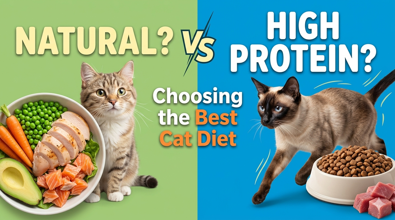 Cat eating high-protein food next to a bowl of natural raw ingredients