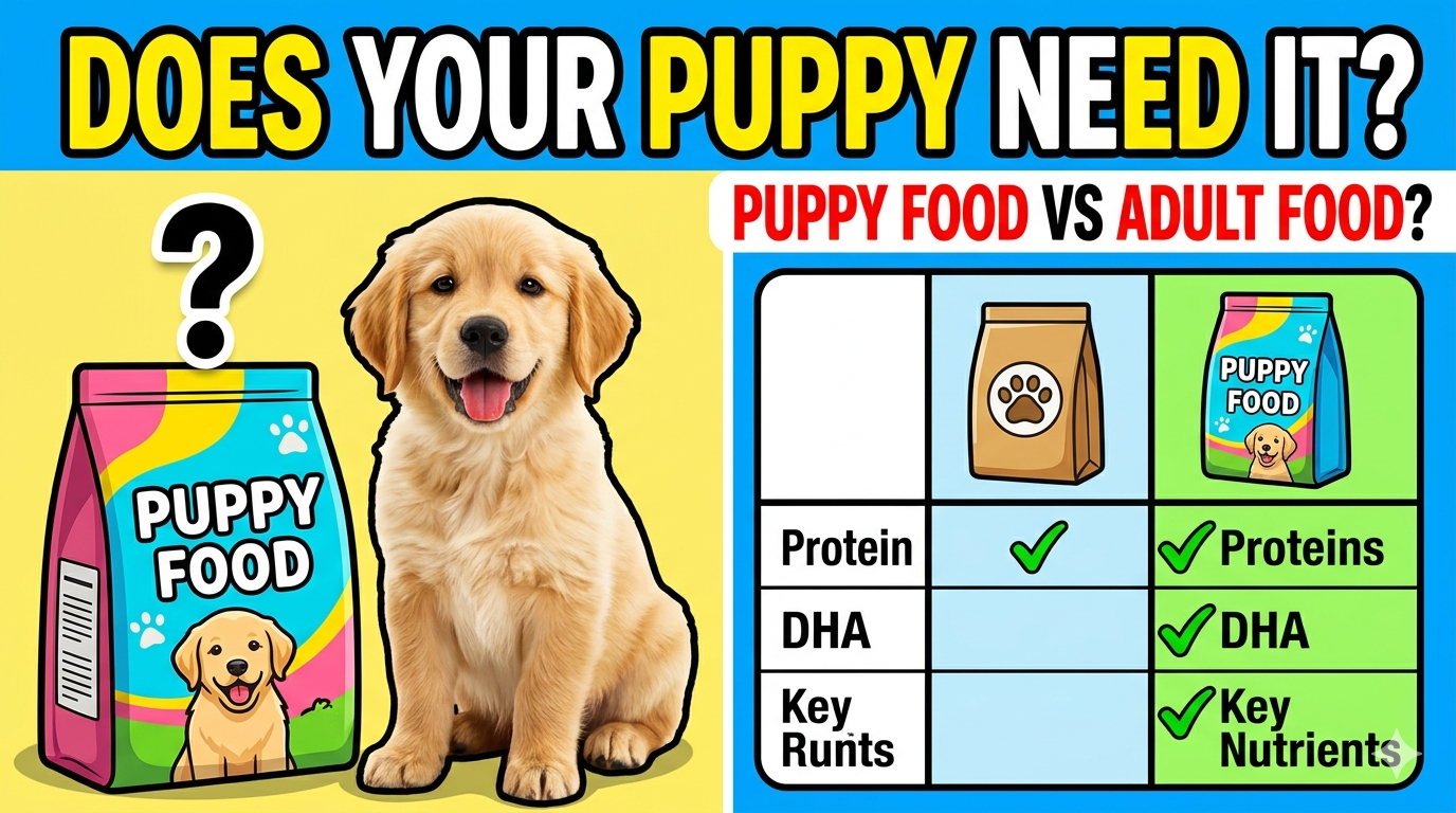 Cute golden retriever puppy eating from a bowl with fresh food