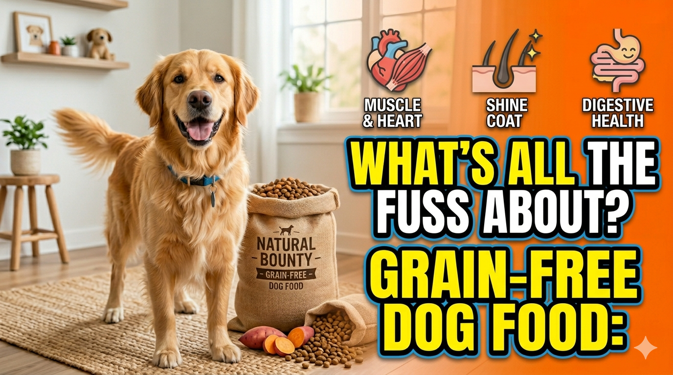 Dog happily eating grain-free food next to traditional kibble comparison