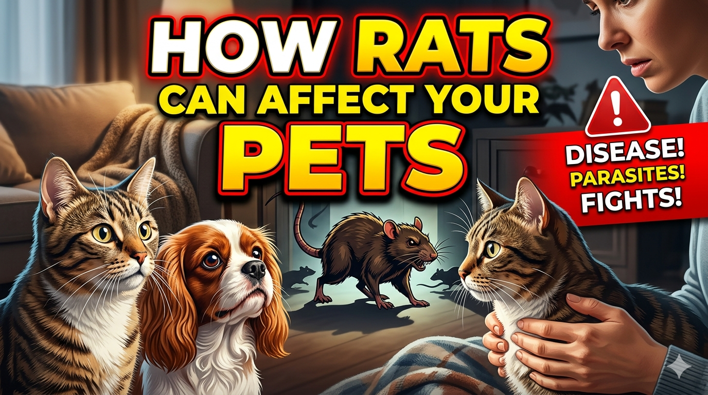 Rat in home with worried dog and cat looking on