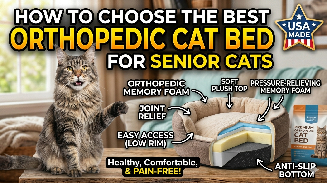 Senior cat comfortably sleeping on thick orthopedic memory foam cat bed