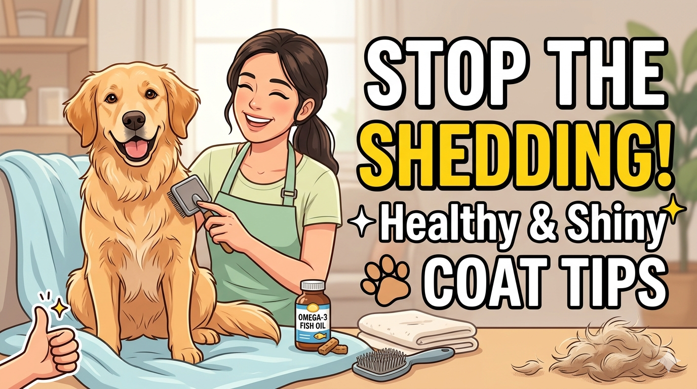 Happy dog with shiny, healthy coat being gently brushed at home