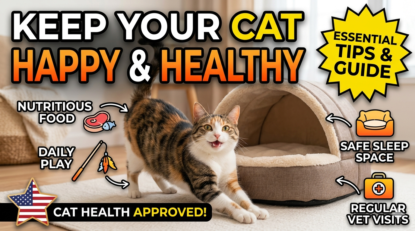 Happy healthy cat playing with toy in a sunlit room with fresh water, food, and cozy bed nearby