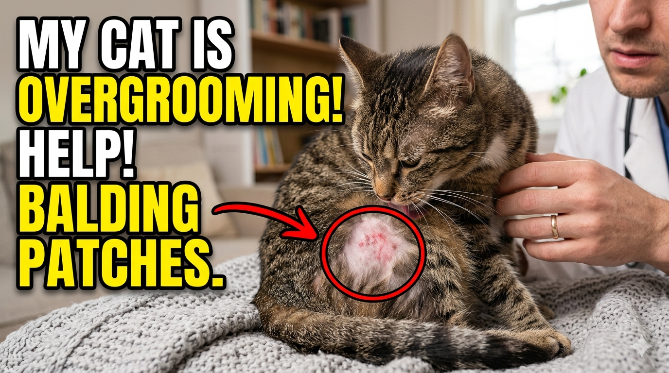 Cat with bald patches from overgrooming sitting worriedly on a windowsill