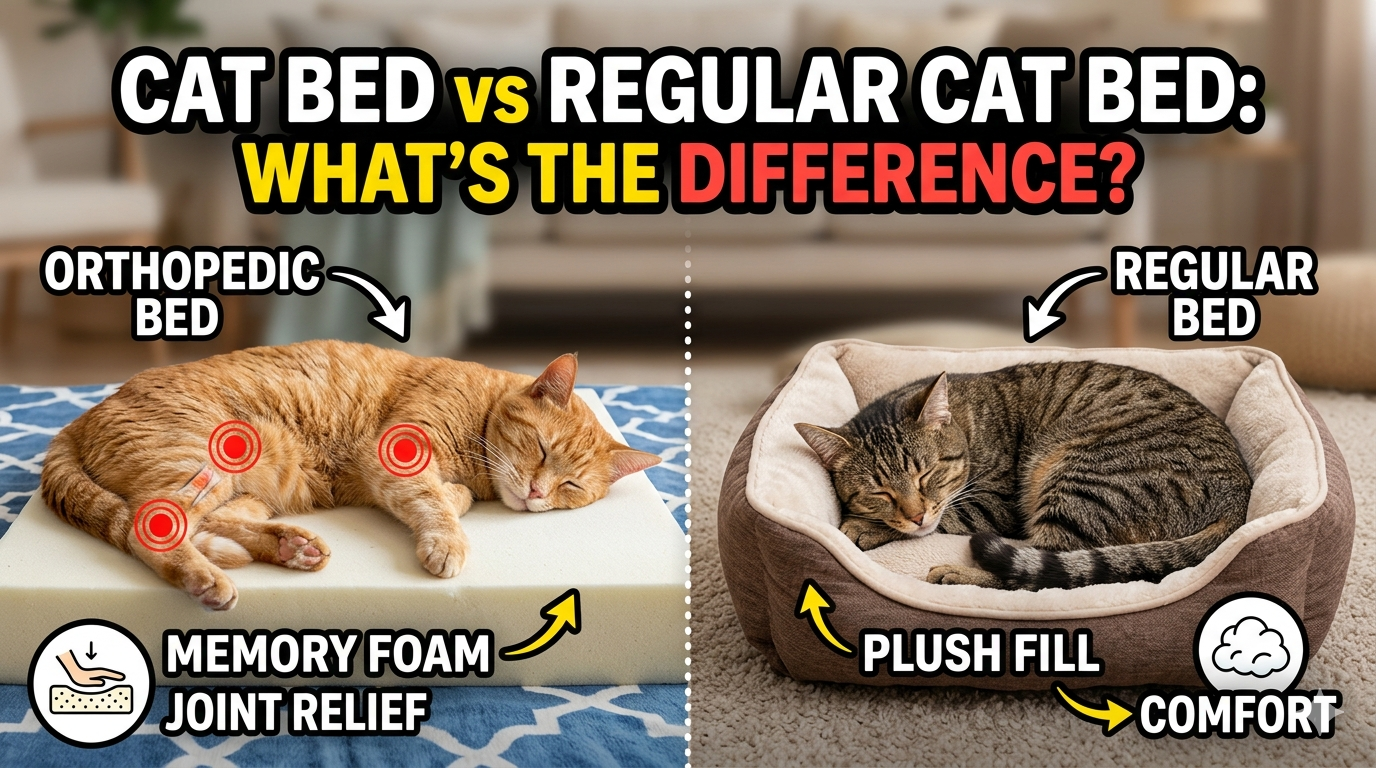 Side-by-side comparison of orthopedic memory foam cat bed and regular plush cat bed with a Maine Coon cat