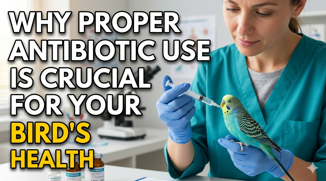 Healthy parrot perched on a branch next to a small medicine bottle and vet prescription