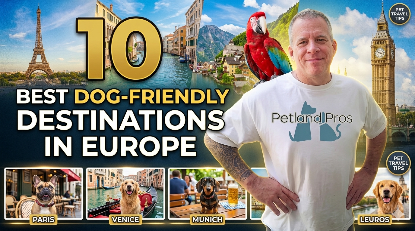 Happy dog sitting in front of a historic European landmark
