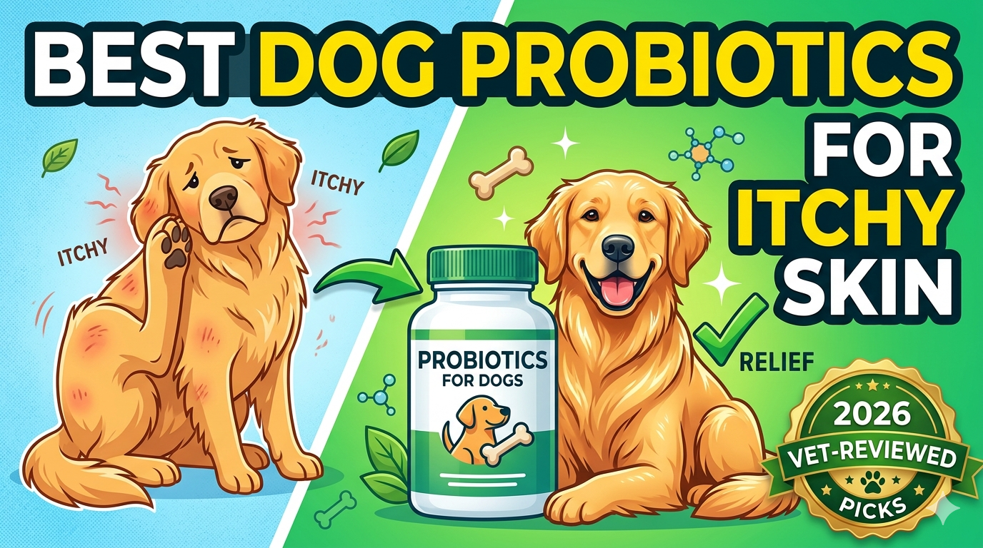 A golden retriever sitting calmly next to a bowl of food topped with probiotic powder