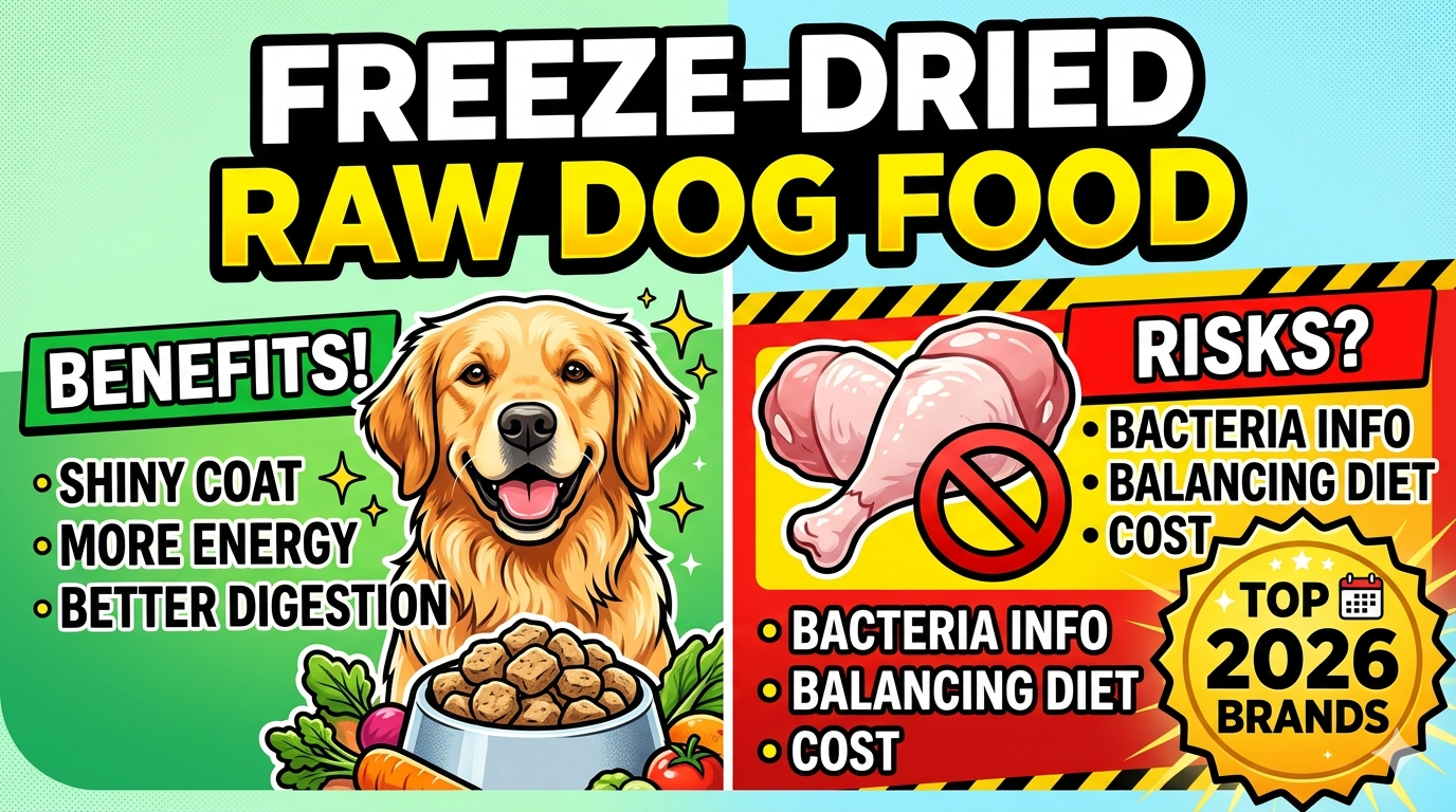Premium freeze-dried raw dog food morsels being poured into a clean stainless steel dog bowl