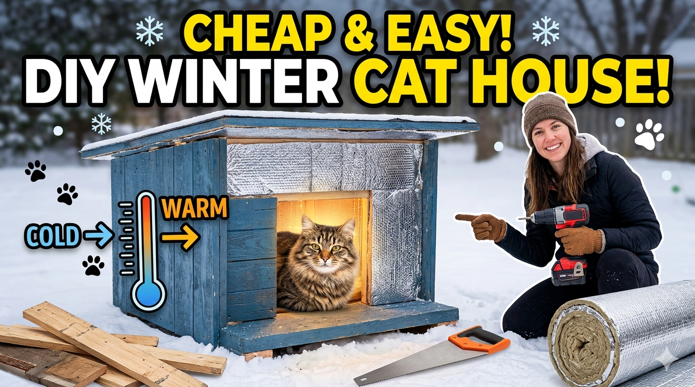 A finished plastic tote cat house sitting on wooden pallets in the snow