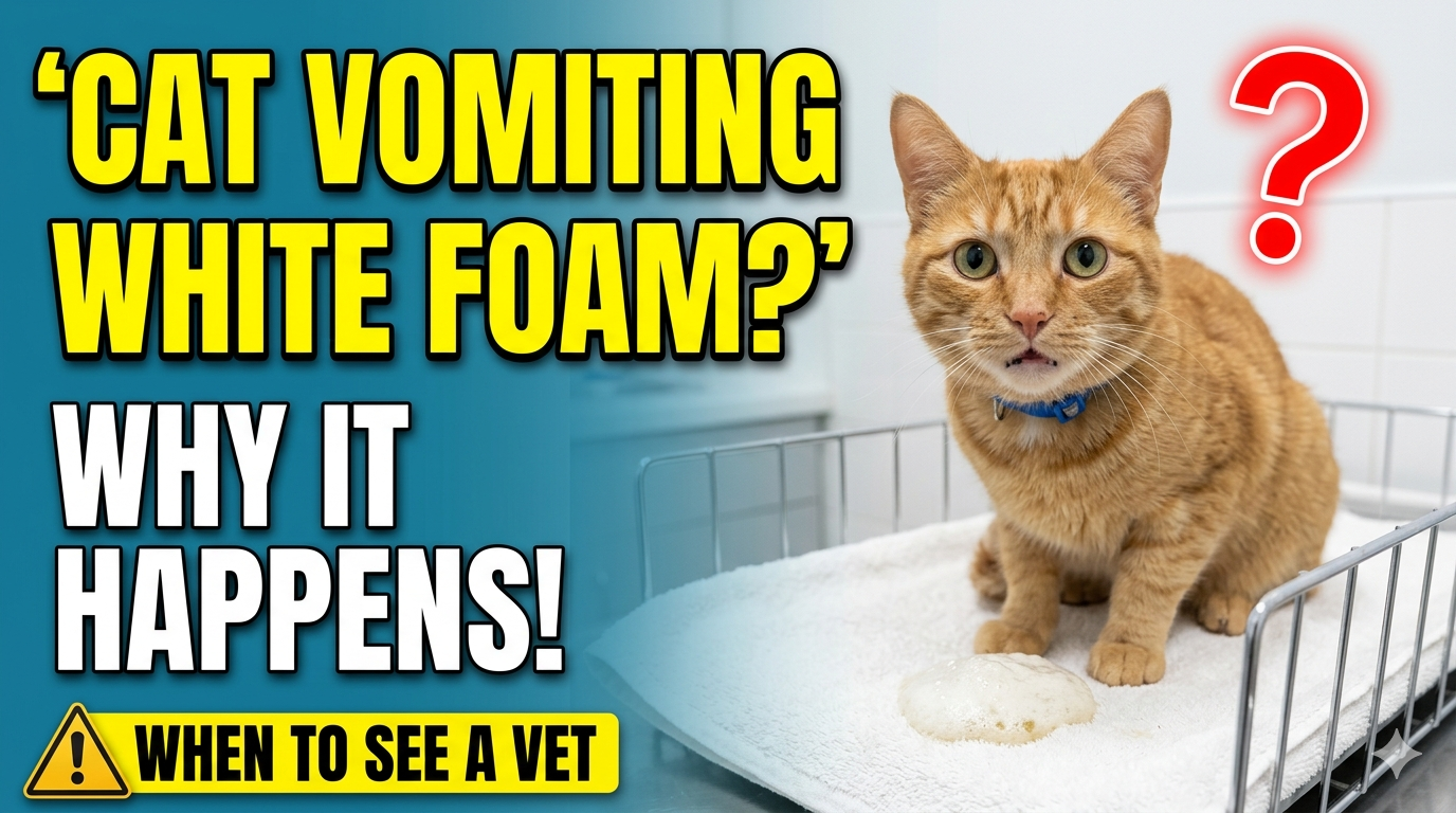 Cat looking at white foamy vomit on the floor