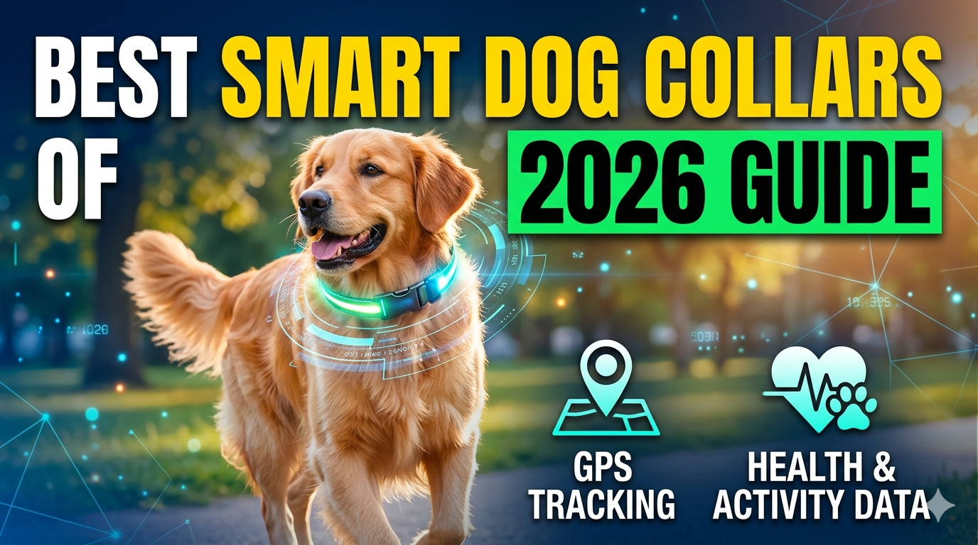 An active dog running happily outdoors wearing a modern smart collar tracking device