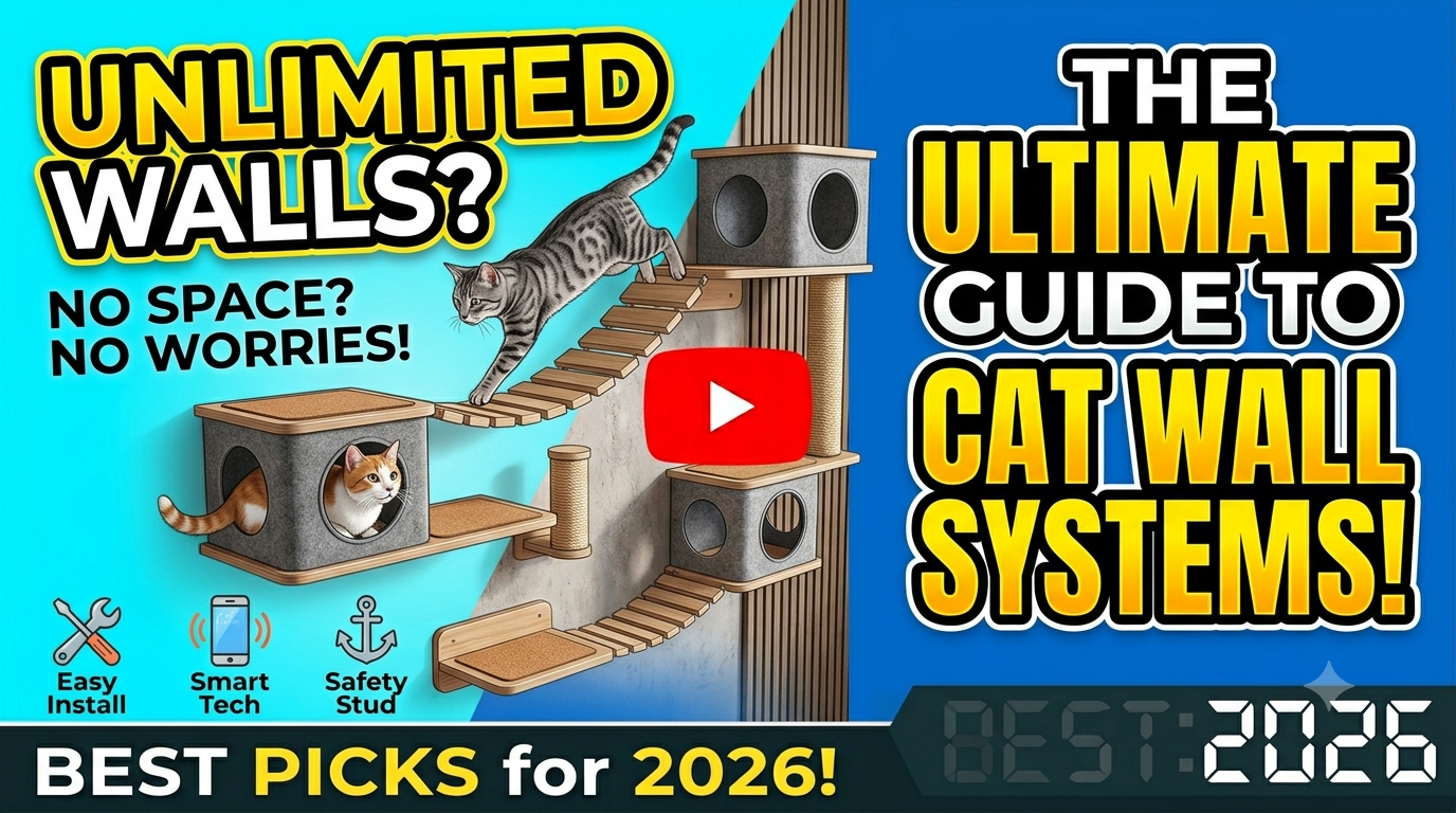 An active cat sitting high up on a stylish modern wooden wall platform