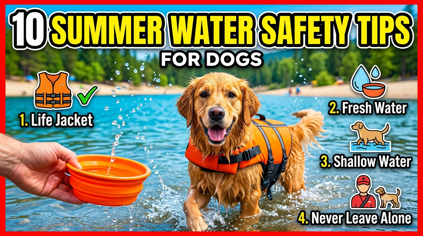 A happy retriever wearing a bright orange life jacket standing in a lake