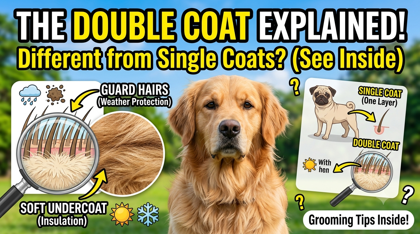 A fluffy double-coated dog smiling outdoors in a natural setting