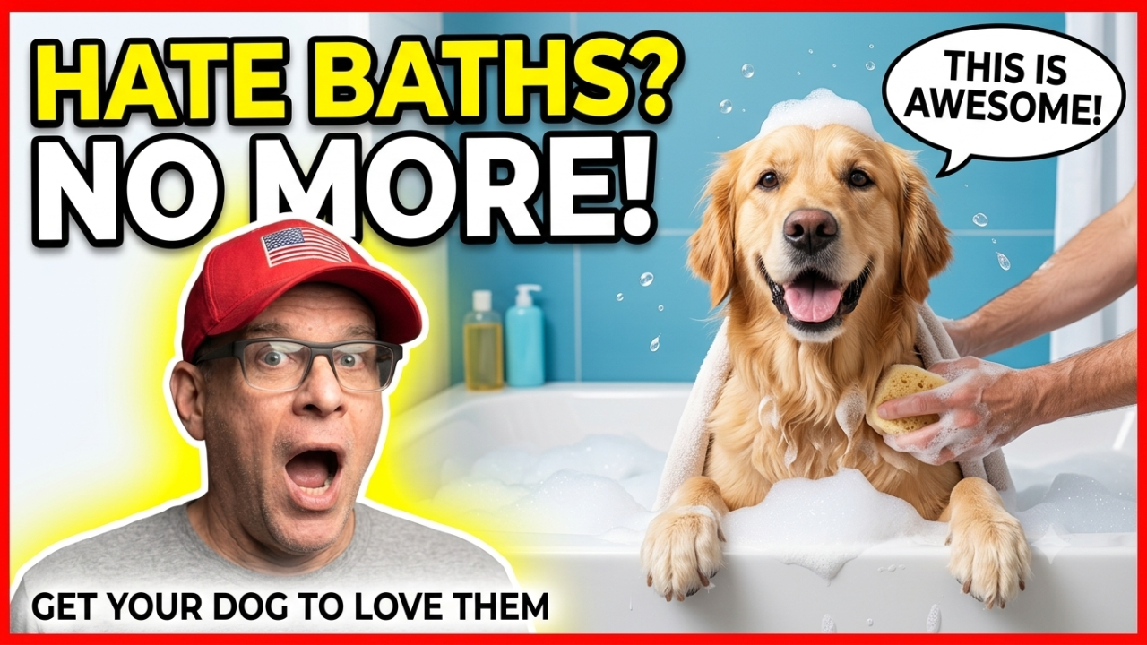 A happy, wet dog covered in bubbles taking a bath