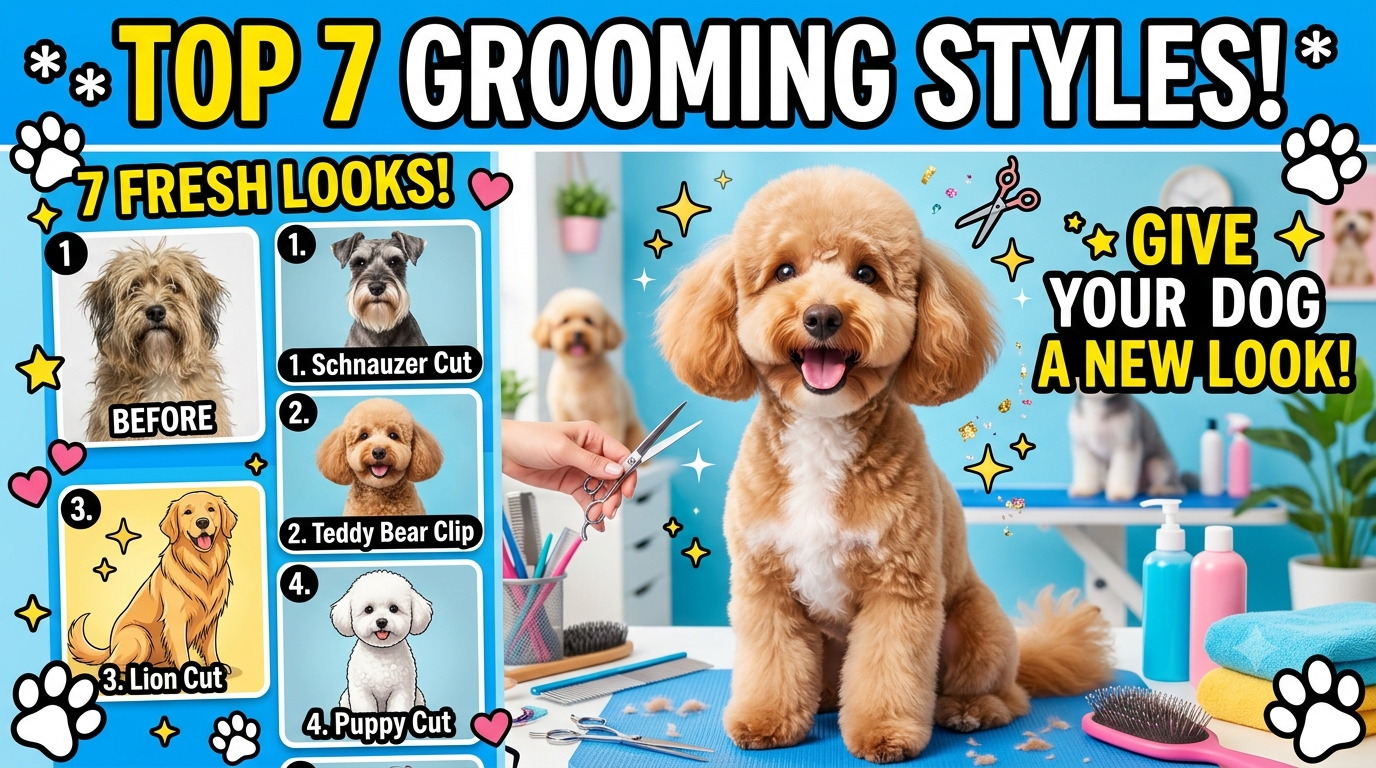 A well-groomed small dog sitting patiently on a grooming table