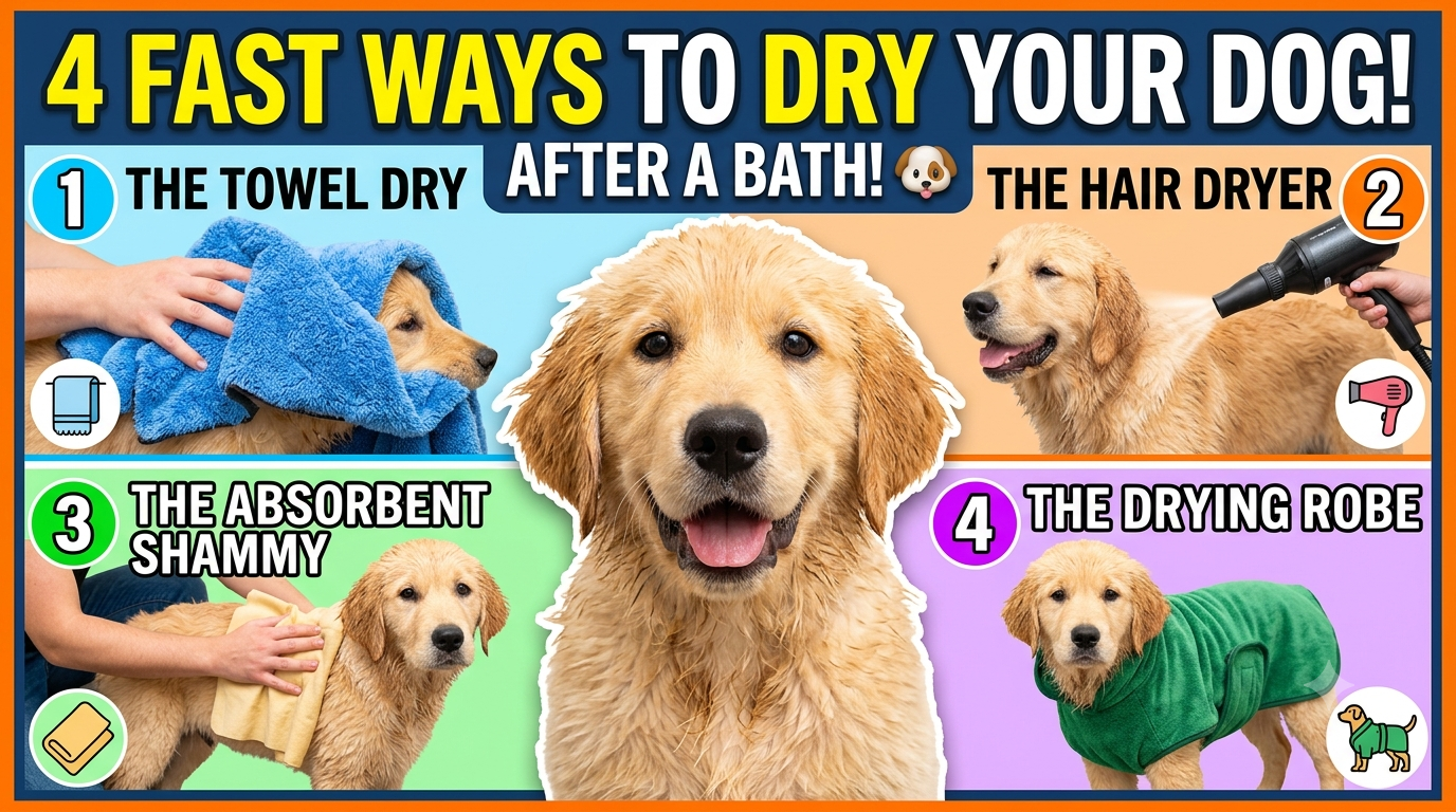 A wet dog wrapped in a towel after a bath