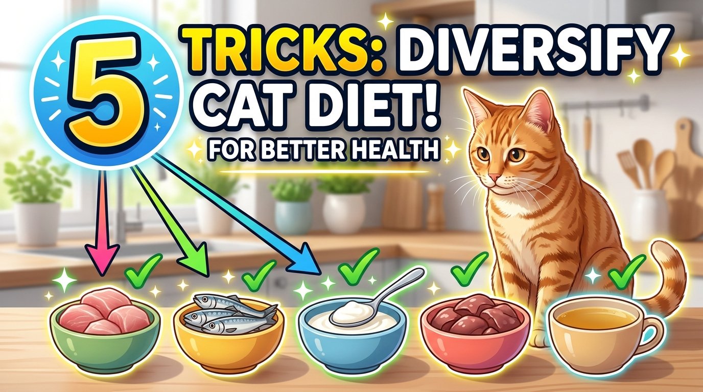 A healthy cat enjoying a varied meal from a ceramic bowl