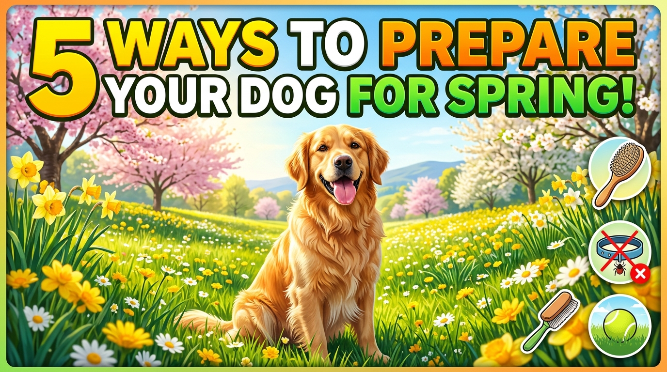 A golden retriever panting happily in a sunny spring field