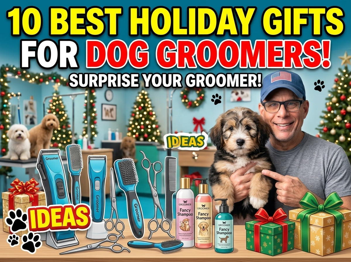Professional dog grooming scissors and brushes on a table