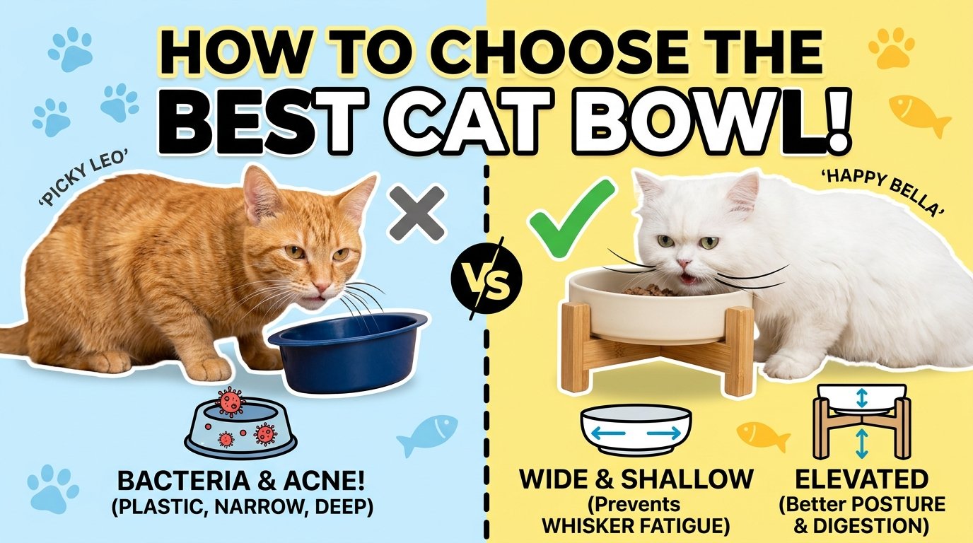 A cat eating happily out of a wide, shallow ceramic bowl