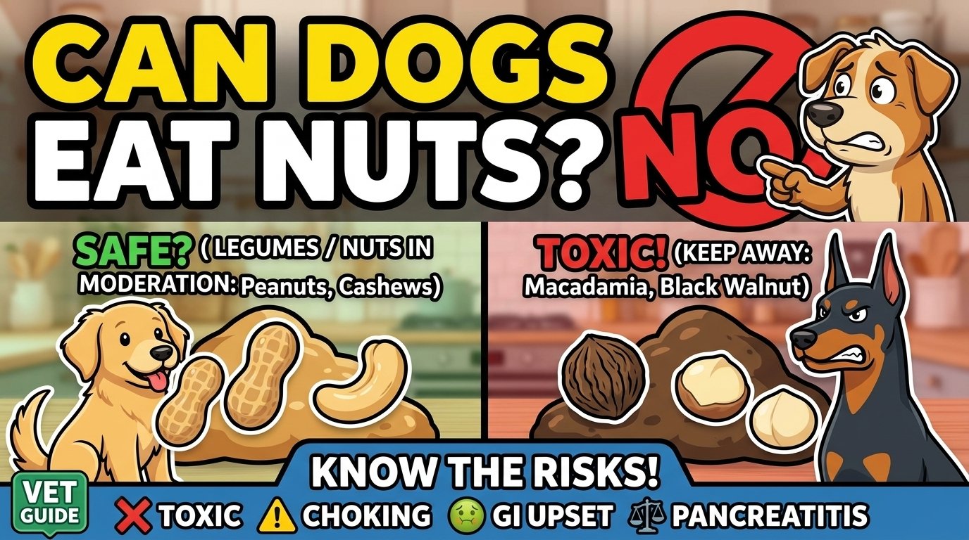 A dog looking curiously at a bowl of nuts on a wooden table