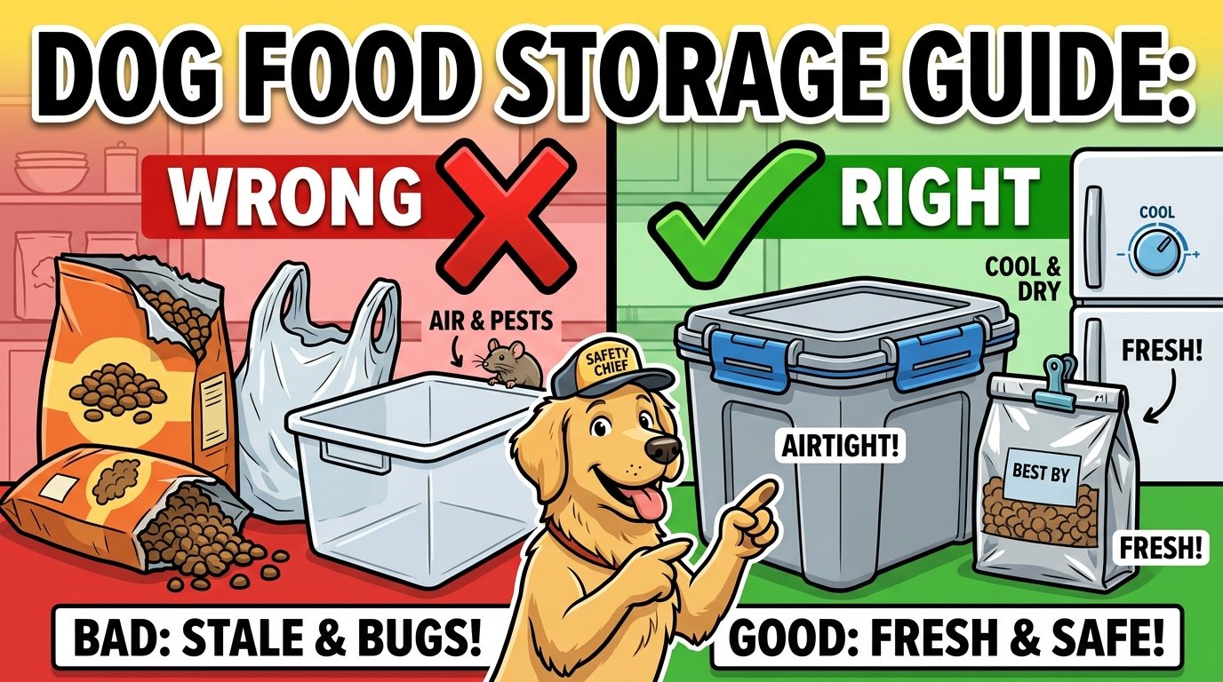 A neat pantry with a securely sealed bag of dog food placed inside an airtight container