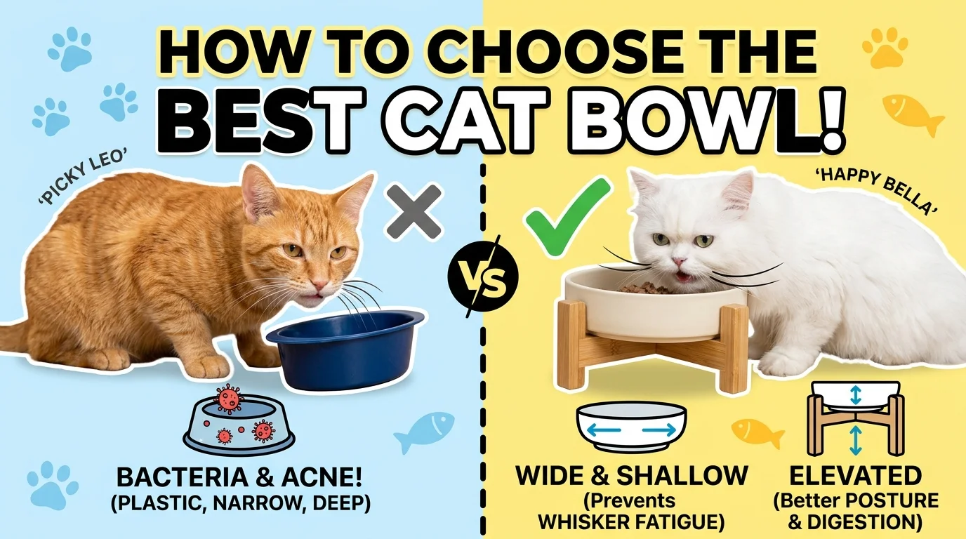A cat eating happily out of a wide, shallow ceramic bowl